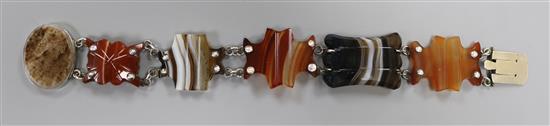 A late Victorian white metal, banded agate and Scottish hardstone set bracelet, 18.5cm